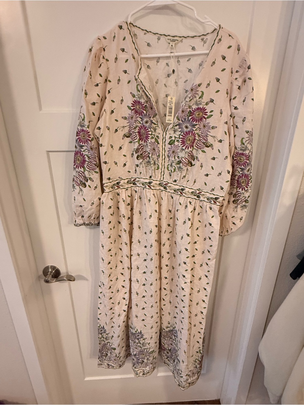 Max studio Boho Floral Embroidered Cream Midi Dress NWT